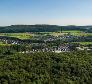 Blick über eine hügelige Landschaft mit Wald und einem Dorf. 