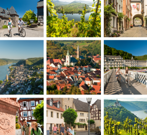 Collage aus Bildern von Sehenswürdigkeiten und Städten in Rheinland-Pfalz.