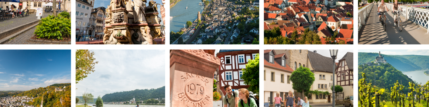 Collage aus Bildern von Sehenswürdigkeiten und Städten in Rheinland-Pfalz.