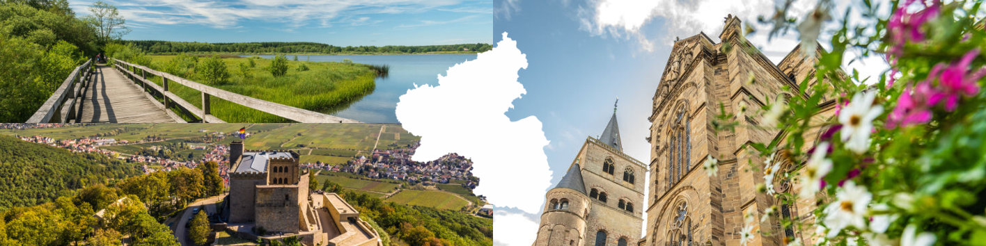 Collage mit drei Bildern und einer Umrisskarte von Rheinland-Pfalz in der Mitte. Auf den Bildern sind das Hambacher Schloss, der Trierer Dom sowie der Dreifelder Weiher abgebildet.