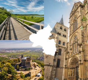 Collage mit drei Bildern und einer Umrisskarte von Rheinland-Pfalz in der Mitte. Auf den Bildern sind das Hambacher Schloss, der Trierer Dom sowie der Dreifelder Weiher abgebildet.