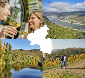 Collage von verschiedenen Aufnahmen rheinland-pfälzischer Landschaften. Abgebildet sind zwei Frauen mit Weinglas in der Hand, der Blick auf das Mittelrhein-Tal, der Umriss von Rheinland-Pfalz als Grafik, das Nahetal sowie der zwei Personen vor Weinbergen.  