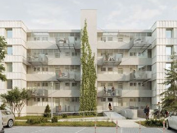 Perspektive der Eingangsseite, helle Fassade mit Begrünung und auskragende Freisitze