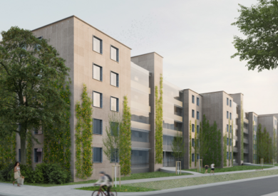 Perspektive Eingangsseite mit Korkfassade und verglastem Laubengangbereich