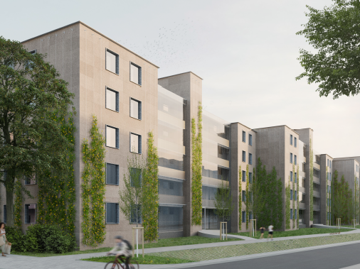 Perspektive Eingangsseite mit Korkfassade und verglastem Laubengangbereich