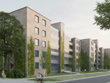 Perspektive Eingangsseite mit Korkfassade und verglastem Laubengangbereich