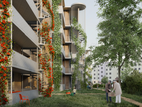 Perspektive Gartenansicht mit rundem Treppenturm und üppiger Fassadenbegrünung