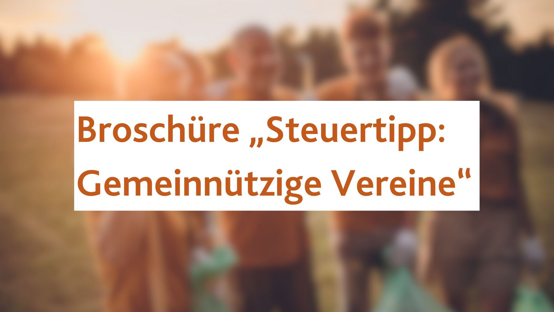 Gruppe von Menschen steht Arm in Arm. Sie haben Müllsäcke und Handschuhe bei sich. Die Schrift auf dem Bild lautet "Broschüre: Steuertipp: Gemeinnütze Vereine".