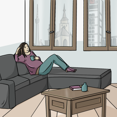 Das Bild zeigt eine Frau auf einem Sofa.