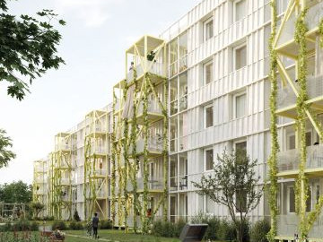 Perspektive Gartenseite mit vorgestellten, begrünten Balkonen, Konstruktion in gelbem Farbton