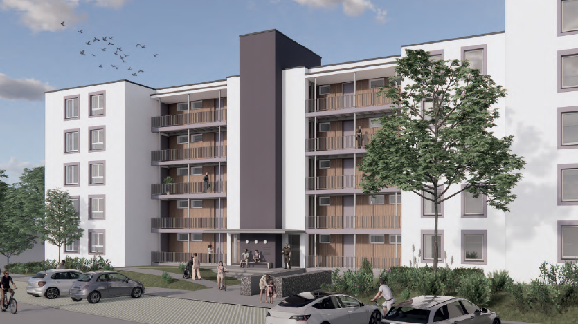 Perspektive der Eingangsseite, weiße Fassade mit zurückgesetzten Laubengang in Holz und Aufzugsturm mit dunklem Anstrich
